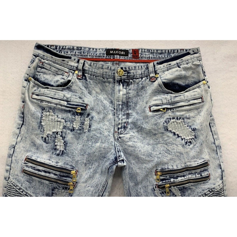 Makobi Denim Jeans Men's 40X32 Stonewash Moto Biker Factory Distressed Destroyed - Picture 11 of 16